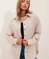 Krem Siyah Çizgili Oversize Uzun Basic Gömlek 3900