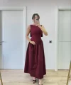 Krep Arkası Kanat Arka Ön Pens Detaylı Uzun Kadın Elbise - Bordo