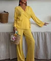 Kruvaze Model Klasik Pantolonlu Çupra Keten Takım 10191