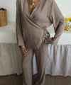 Kruvaze Model Klasik Pantolonlu Çupra Keten Takım 10191