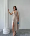 KRUVAZE VATKALI KOLSUZ ELBİSE MODAL KUMAŞ - Bej
