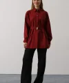 Kuşak Detaylı Tunik Gömlek - Bordo