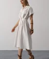 Kuşaklı Cep Detaylı Yarım Kol Elbise - Beyaz