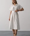 Kuşaklı Cep Detaylı Yarım Kol Elbise - Beyaz