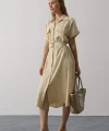 Kuşaklı Cep Detaylı Yarım Kol Elbise - Ekru