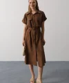 Kuşaklı Cep Detaylı Yarım Kol Elbise - Kahve