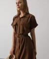 Kuşaklı Cep Detaylı Yarım Kol Elbise - Kahve