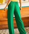 Kuşaklı Yeşil Dokuma Viscon Palazzo Pantolon