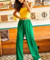 Kuşaklı Yeşil Dokuma Viscon Palazzo Pantolon