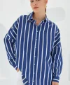 Lacivert Beyaz Çizgili Oversize Basic Gömlek 20254