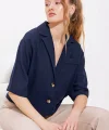 Lacivert Çift Düğmeli Oversize Crop Keten Ceket 0706