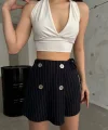 Lacivert Düğme Detaylı İtalyan Çizgili Şort Etek