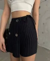 Lacivert Düğme Detaylı İtalyan Çizgili Şort Etek