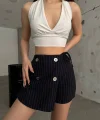 Lacivert Düğme Detaylı İtalyan Çizgili Şort Etek