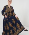 Lacivert Gold Desenli Tesettür Elbise 23