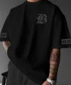 LB Ön Arka Baskılı Oversize Bisiklet Yaka Yazlık T-shirt - Siyah