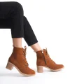 LENA Bağcıklı Fermuarlı Ortopedik Taban Topuklu Süet Kadın Bot STT - Taba
