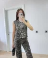 leopar desenli Düğmeli Bluzlu Pantolon İkili Takım -Leopar
