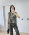 Leopar Desenli Düğmeli Bluzlu Pantolon İkili Takım -Leopar
