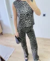 leopar desenli Düğmeli Bluzlu Pantolon İkili Takım -Leopar