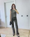 leopar desenli Düğmeli Bluzlu Pantolon İkili Takım -Leopar