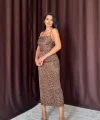 Leopar Sırt Detaylı Leopar Desenli Saten Elbise