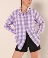 Lila Beyaz Kareli Desenli Oversize Uzun Basic Gömlek 3900