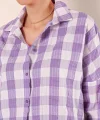 Lila Beyaz Kareli Desenli Oversize Uzun Basic Gömlek 3900