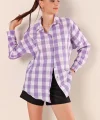 Lila Beyaz Kareli Desenli Oversize Uzun Basic Gömlek 3900