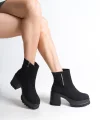 LISSE Fermuarlı Ortopedik Taban Kalın Topuklu Süet Kadın Bot SST - Siyah