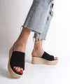MARLA Dolgu Topuklu Ortopedik Taban Hasır Görünümlü Triko Kadın Terlik  TKT - Siyah