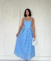 Mavi Askılı Aparatlı Brode Elbise