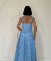 Mavi Askılı Aparatlı Brode Elbise
