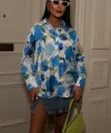 Mavi Çiçekli Saten Gömlek 3417
