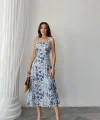 Mavi Çiçekli Viskon Elbise