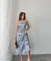 Mavi Çiçekli Viskon Elbise