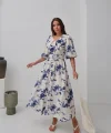 Mavi Desenli Kemerli Elbise
