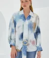 Mavi Ekru Oversize Dökümlü Saten Gömlek 907