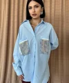 Mavi Keten Çift Cep Baskılı Gömlek