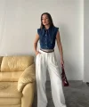 Mavi Yaka Detaylı Denim Crop