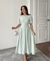 Mint Arkadan Bağlamalı Büzgülü Keten Elbise