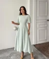 Mint Arkadan Bağlamalı Büzgülü Keten Elbise