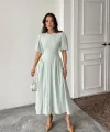 Mint Arkadan Bağlamalı Büzgülü Keten Elbise