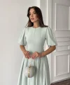 Mint Arkadan Bağlamalı Büzgülü Keten Elbise