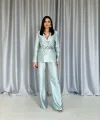 Mint Beli Kuşaklı Ceket Ve Pantolon Parlak Takım