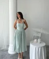 Mint Boyundan Bağlamalı Keten Elbise