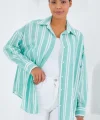 Mint Yeşili Beyaz Çizgili Oversize Keten Gömlek 20251