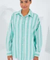 Mint Yeşili Beyaz Çizgili Oversize Keten Gömlek 20251