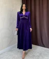 Mor Göğüs Altı Taşlı Elbise