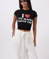 Nakış Detay Baskılı Crop T-Shirt